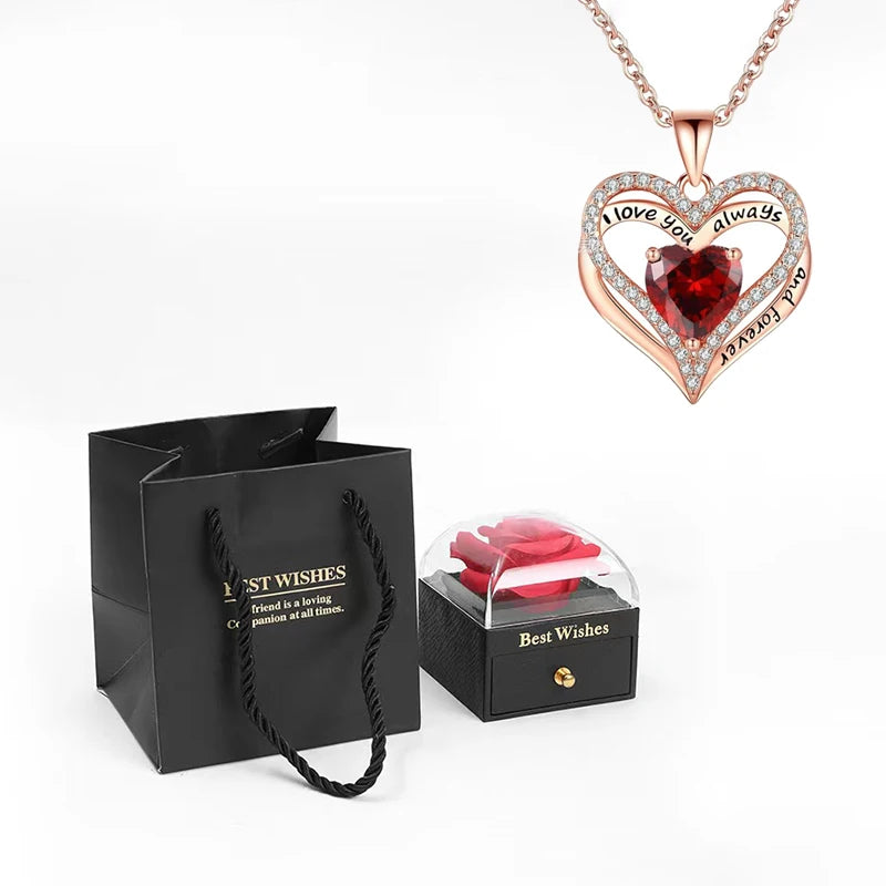 Heart Pendant Necklaces For Women With Rose Flower Gift Box Girlfriend Mother Family Birthday Fashion Romantic Surprise Gifts - You Offer