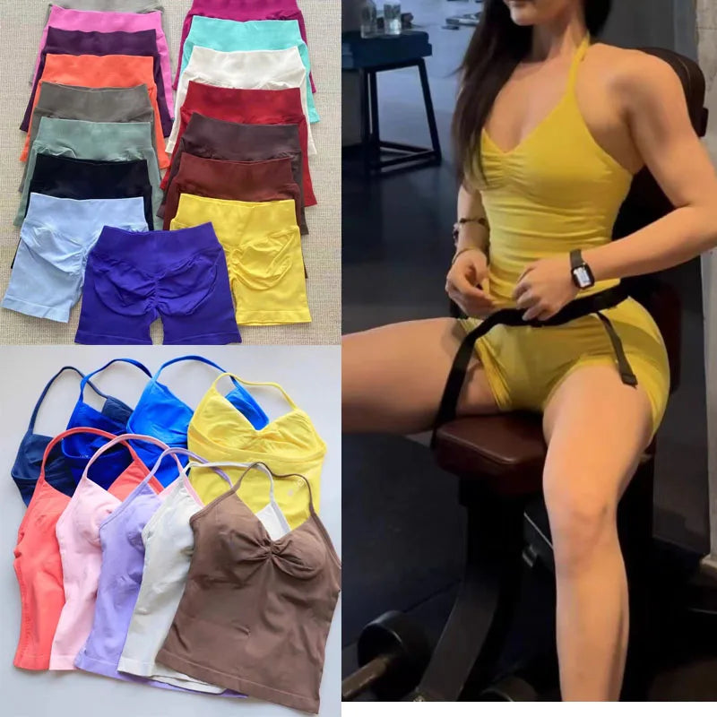 2 sets of sportswear, peach-bottomed shorts set, drawstring top, seamless impact tight shorts, yoga outfit, fitness set