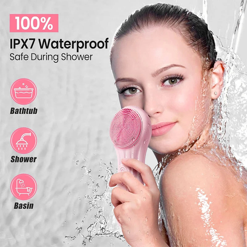 Sonic IPX7 Waterproof Facial Cleansing Brush Device Face Skin Care Scrubber Exfoliator Cleaner Vibration Massager Deep Cleansing