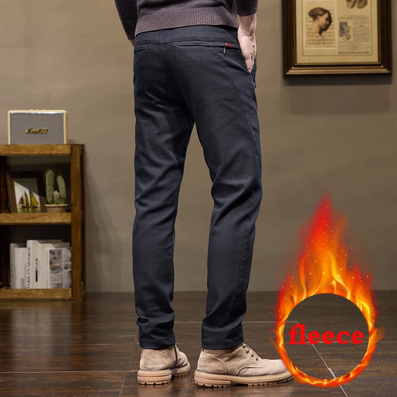 Warm Fleece Pants Winter Man Cowboy Man Thermal Fleece Lined Korean Fashion Slim Thicken Plush Wool Boot Cut Jeans Men