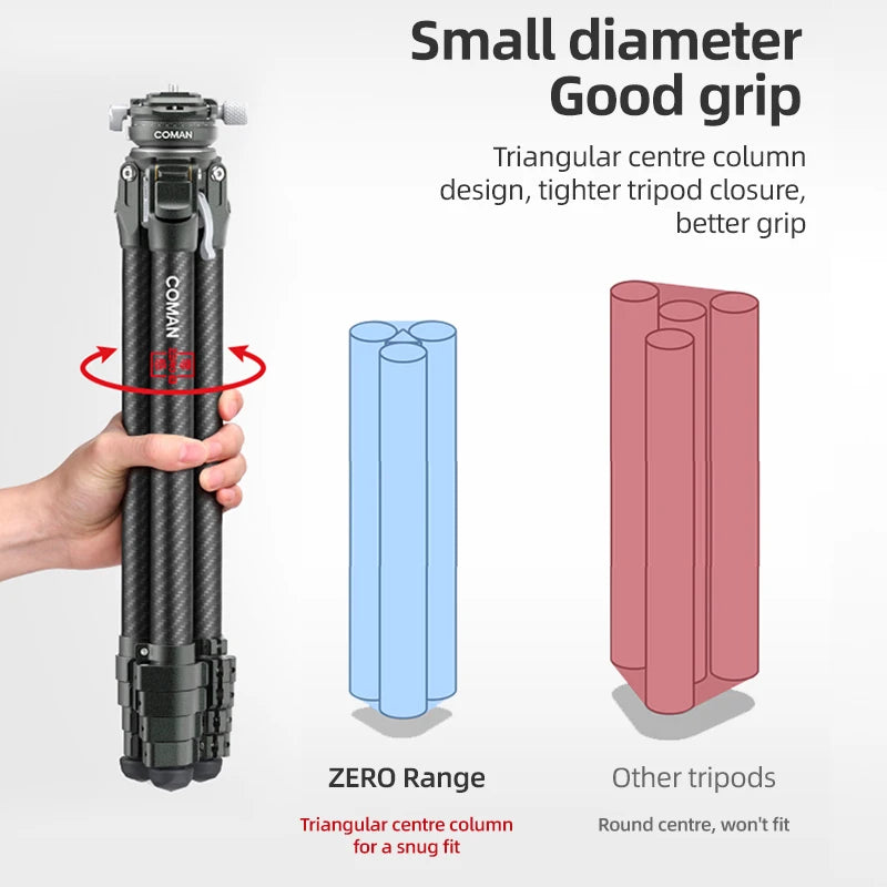 COMAN Zero F38 Carbon Fiber Travel Tripod Lightweight Professional Dslr Camera Tripod For Film making Smartphone Maxload 39.6lbs