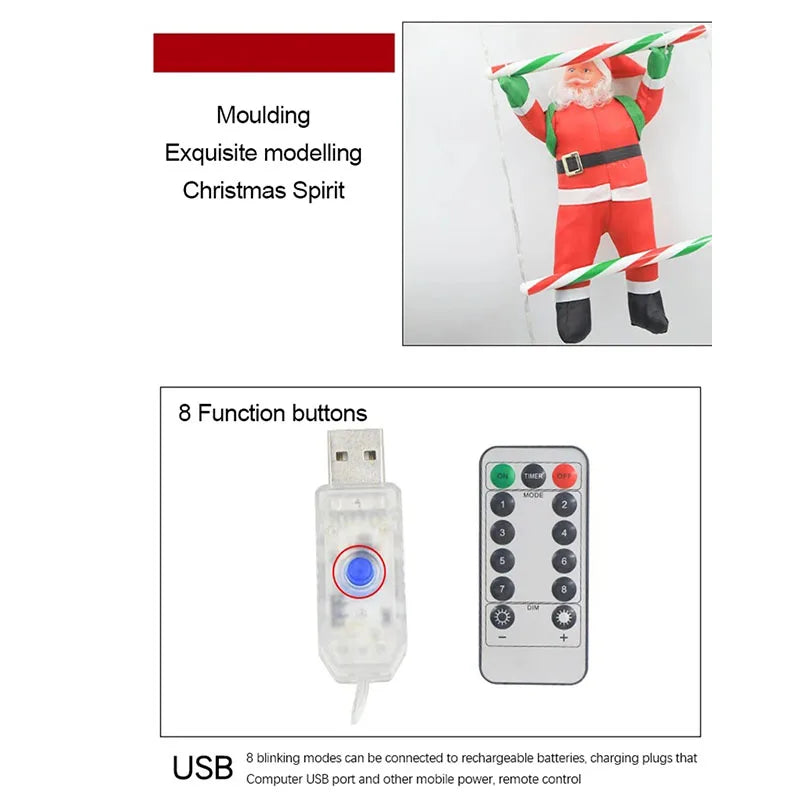 LED Christmas Decorations Fairy lamp Santa Claus Climbing Ladder Light USB Plug 8 Modes for Home Holiday Wall Window Xmas Decor