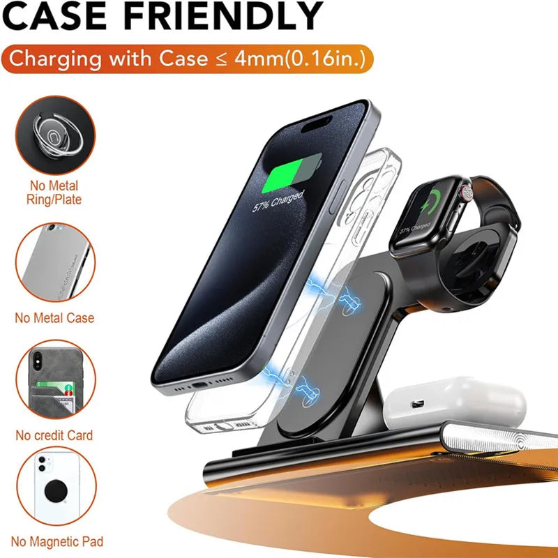 300W Foldable 3 In 1 Wireless Charger Stand Pad Desktop Fast Charging Station For iPhone 16 15 14 13 Samsung Apple Watch Airpods