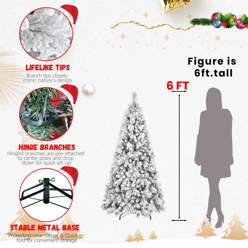8FT Flocked Christmas Tree with 1445 Tips – Snowy PVC & Hard Needle Branches, Hinged Structure for Easy Setup, Stable Metal Stan