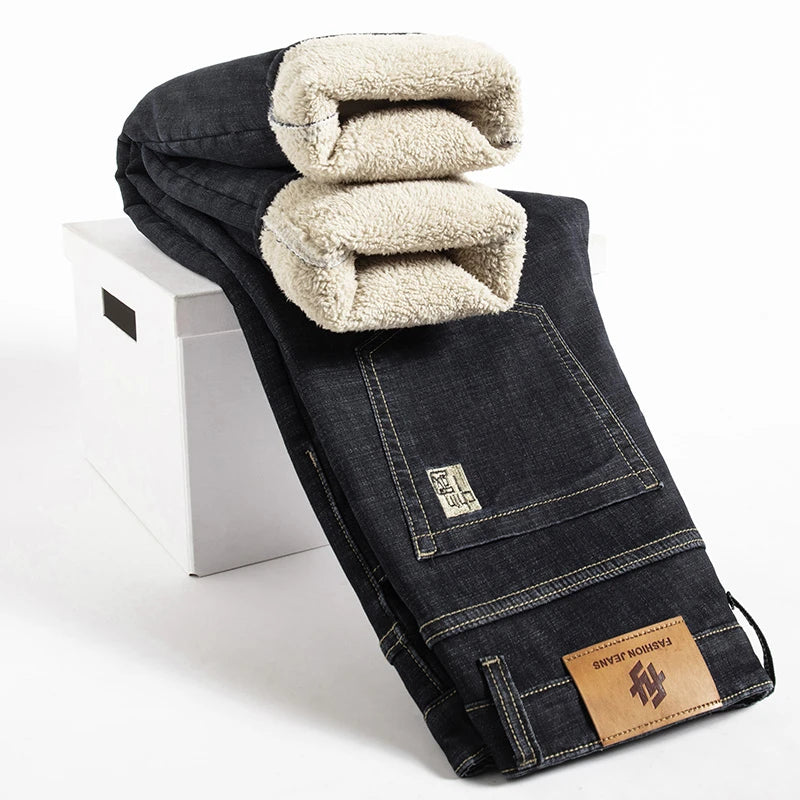 Winter Lamb Fluff Denim Straight Pants Men Thicken Big Size 40 Jeans High Waist Stretch Jeansy Fleece Lined Warm Slim Vaqueros - You Offer