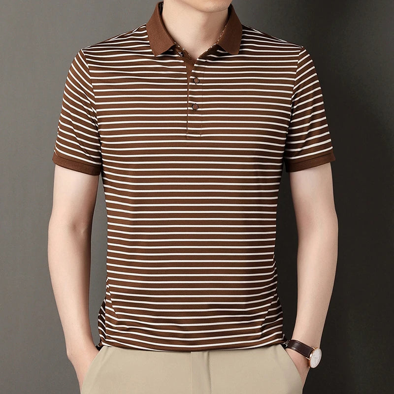2026 Men's New Striped Cotton Business Casual Short Sleeved POLO Shirt Fashion Short Sleeved Comfortable and Breathable Top