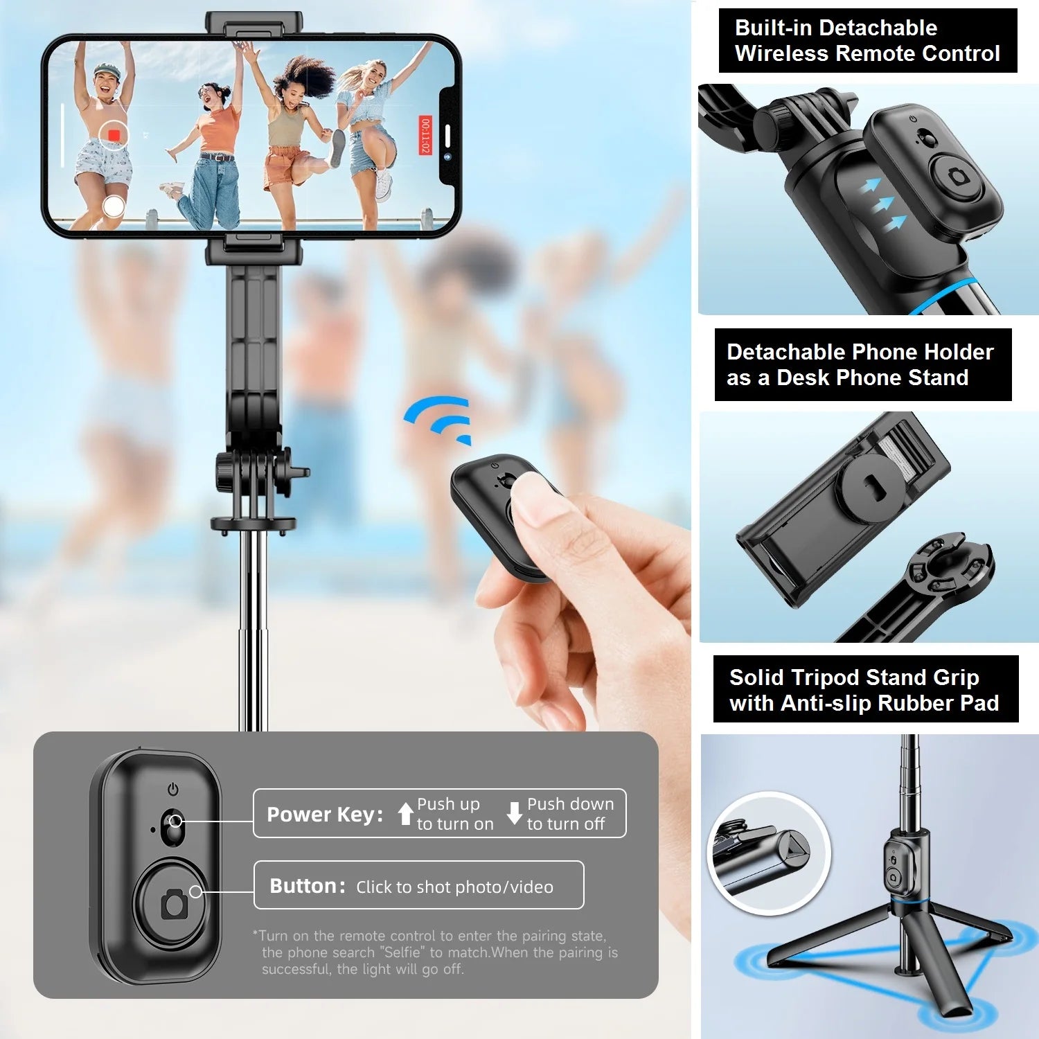 Selfie Stick for iPhone Phone 42" Extendable Selfie Stick and Tripod Stand with Bluetooth Remote for Travel Vlog Video Recording