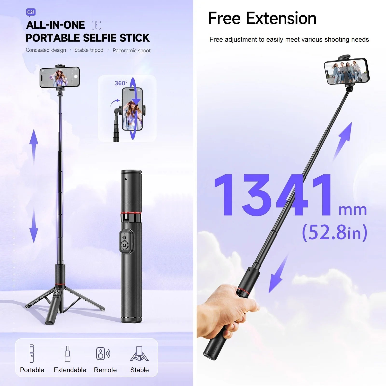 Selfie Stick for iPhone Phone 52" Wireless Selfie Stick Tripod Stand with Remote for Cellphone Video Recording Travel Vlog