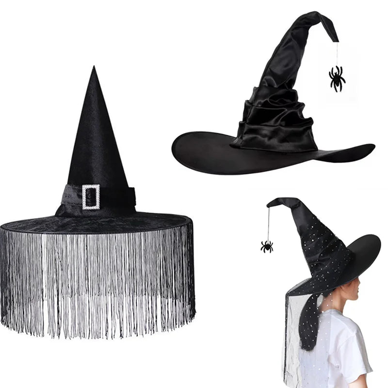 Black Witch Hat Halloween Folds Wizard Party Cosplay Costume Headgear Devil Cap Props Decoration Supplies for Adult Women Men