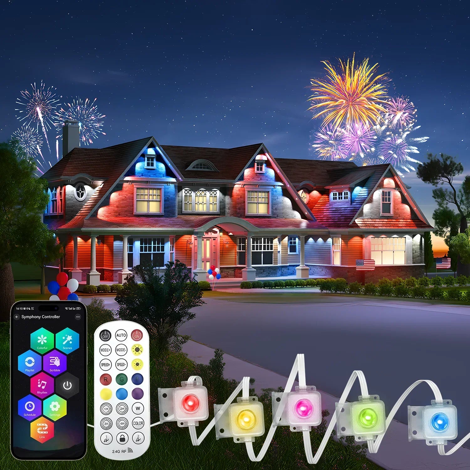 100FT 60 LEDs Permanent Outdoor Lights Smart RGBIC Eaves LED Lights Festival Flashing Lighting Fairy String  Holiday Lighting