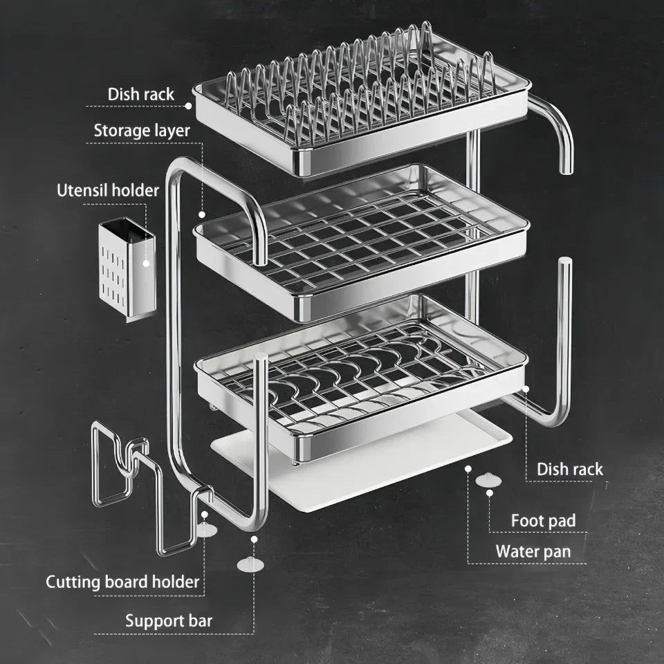 Dish Drying Rack Multifunctional Rustproof Big-capacity Bowl Storage Shelf Stainless Steel Multilayer Spacesaving Draining Shelf