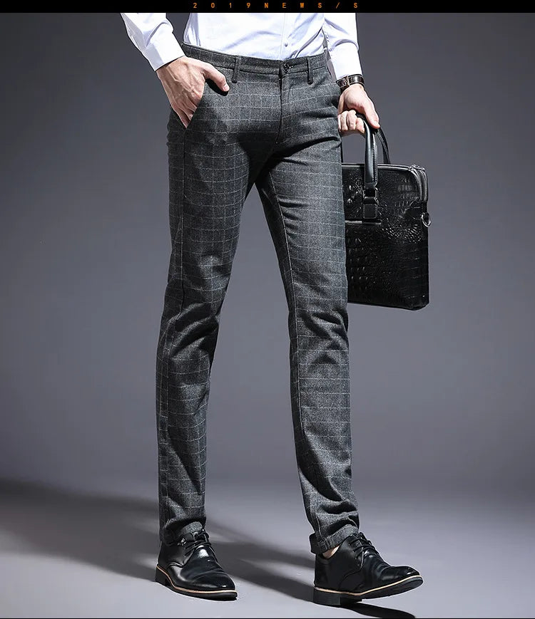 Autumn Thicken Plaid Formal Pant For Men Slim Fit Korea Style Suit Trousers For Men Fashion Office Weeding Party Mens Pants