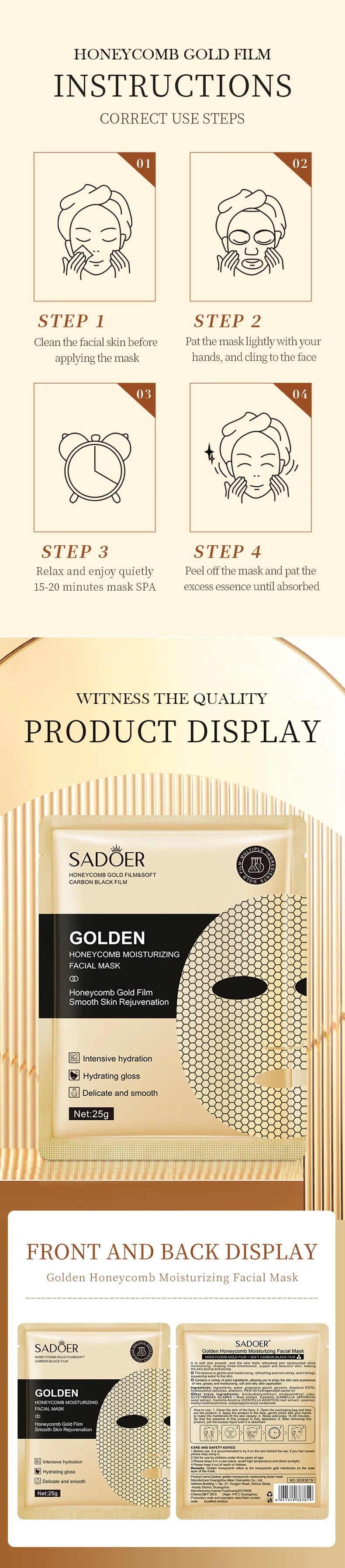 10 Pieces Golden Honeycomb Facial Mask Oil Control Moisturizing Brightening Skin Tone and Soft Skin for All Kinds Skins