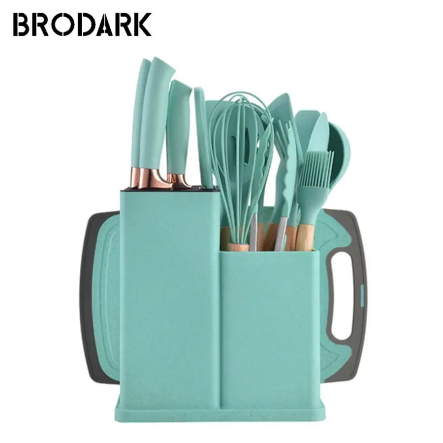19pcs Food Grade Silicone Brodark Kitchenware Set, Cooking Spoon, Shovel, Cutting Board, Fruit Knife, Chef Knife, Combination Se - You Offer