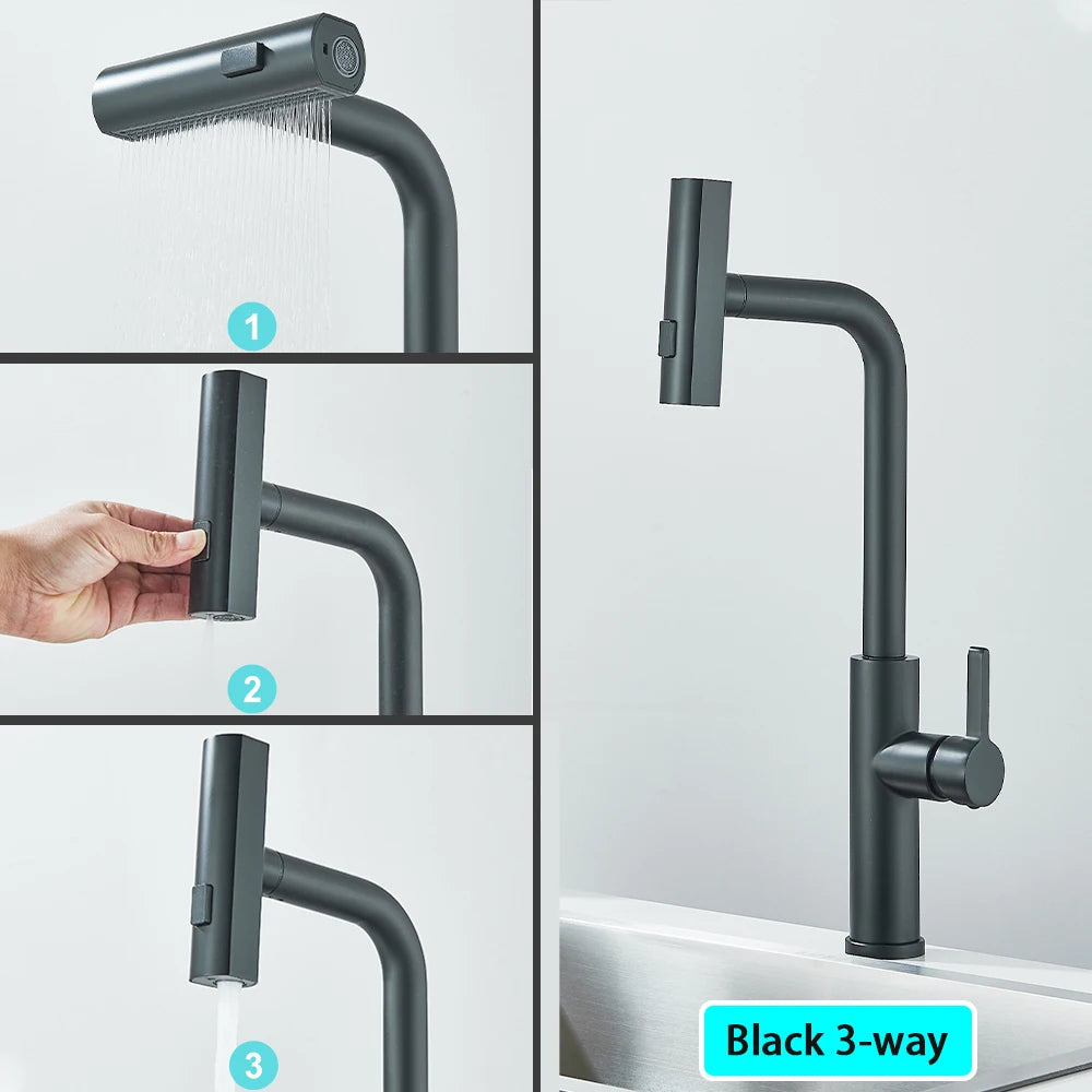 Black Kitchen Faucets Black Pull Out Rotation Waterfall Sprayer Sink Mixer Brushed Nickle Water Tap - You Offer