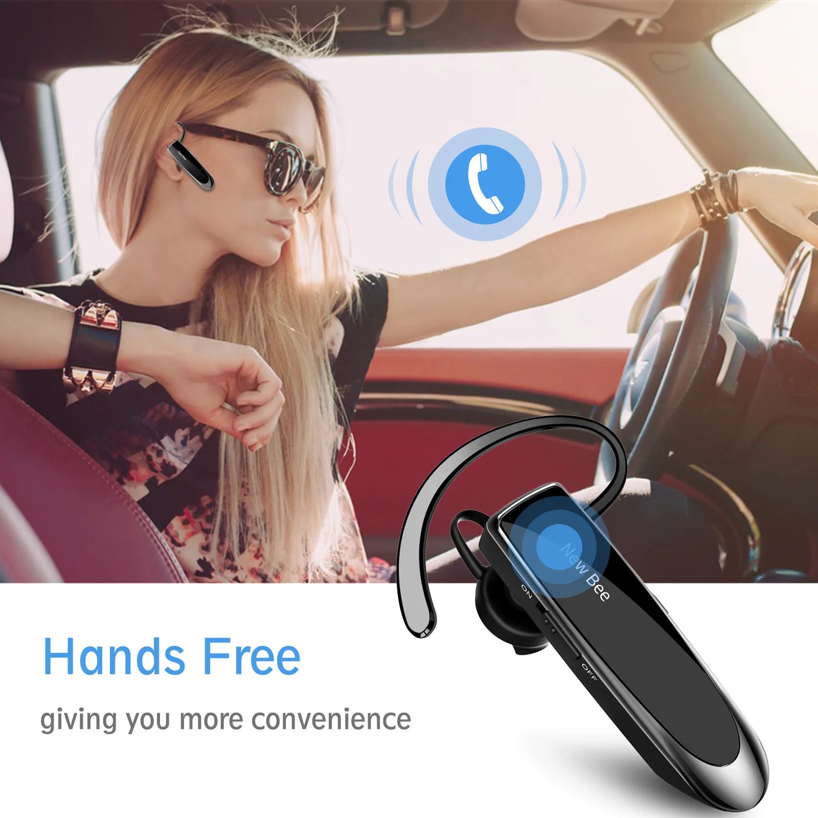 NEWBEE Single Wireless Bluetooth Headset Earphone Noise Cancelling Mic Sports Headphone Hands-Free Earbuds 24 Hrs Driving Office