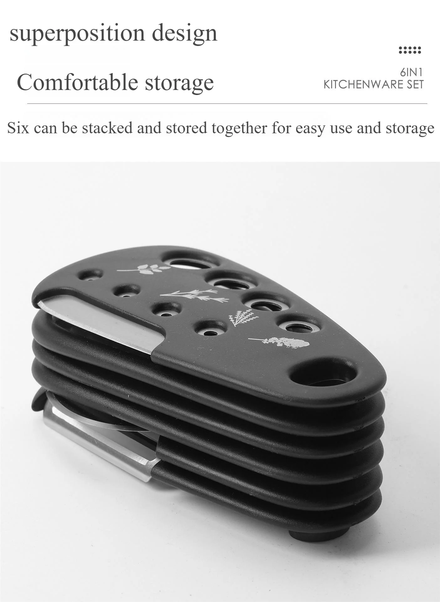 6 - in - 1 Stackable Kitchen Gadget Set | Peeler, Cheese Grater, Garlic Grinder, Bottle Opener, Pizza Cutter, Herb Cutter