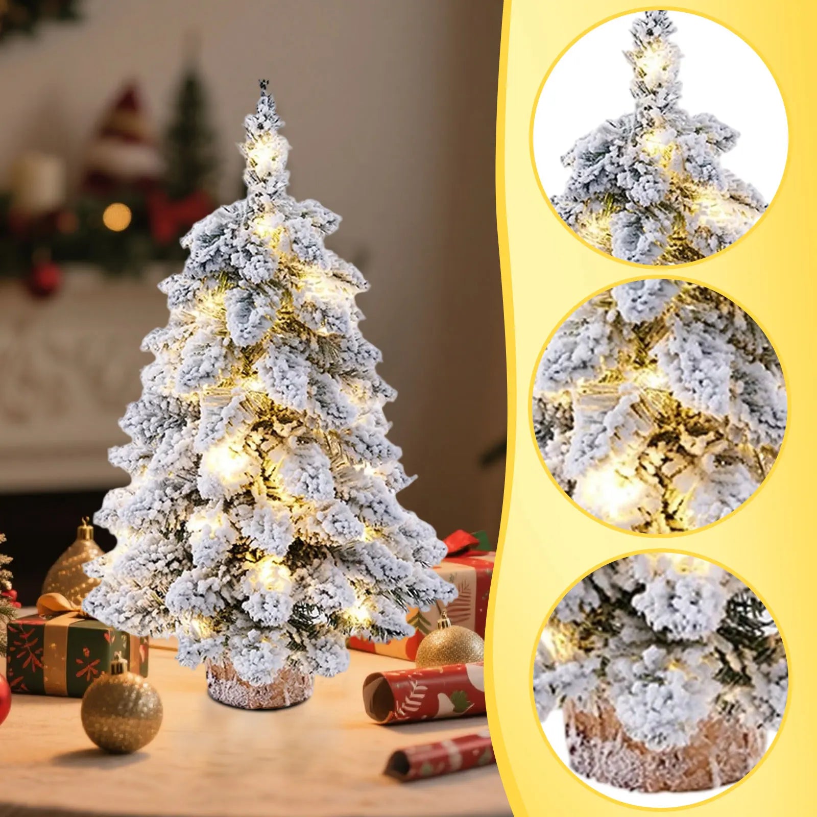 Mini Fake Christmas Tree Sculpture Snow Flocked Christmas Tree Plush Tree Enthusiast with LED Lights for Christmas Themed Partie