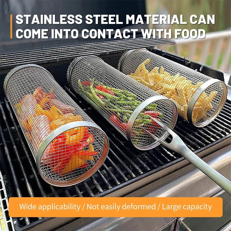 BBQ Basket Stainless Steel Rolling Grilling Basket Wire Mesh Cylinder Grill Basket Portable Round Outdoor Camping Barbecue Rack - You Offer