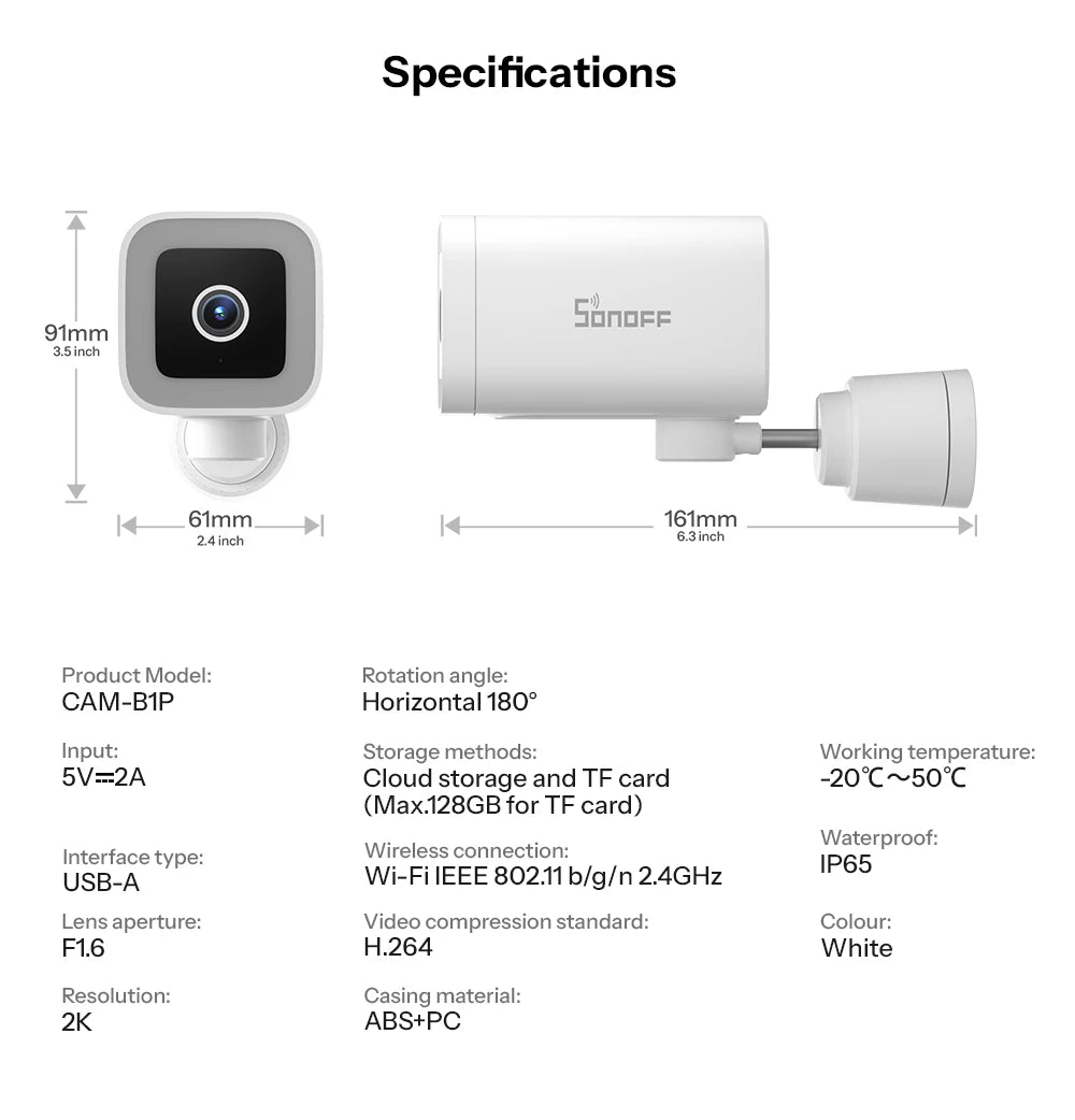 SONOFF CAM-B1P 2K HD Outdoor Smart Security Camera AI Human Detection IP65 Weatherproof Smart Tracking Full-Color Night Vision