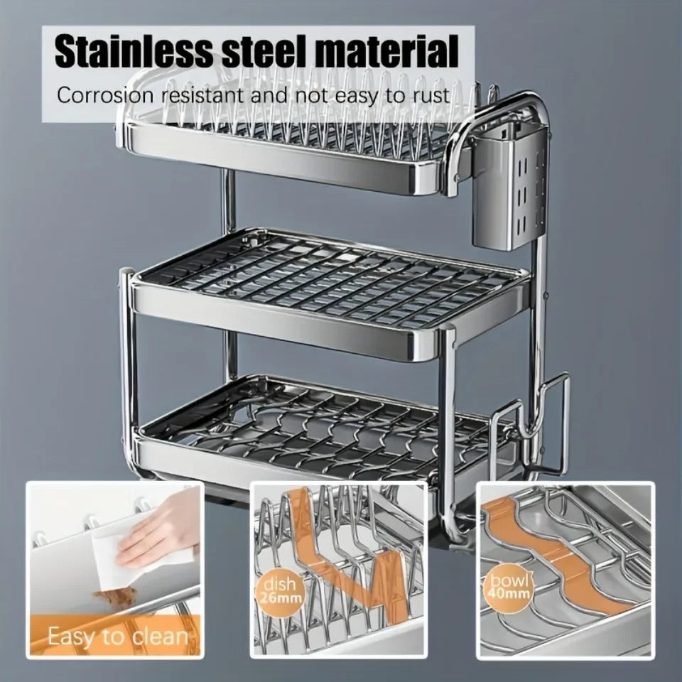 Dish Drying Rack Multifunctional Rustproof Big-capacity Bowl Storage Shelf Stainless Steel Multilayer Spacesaving Draining Shelf