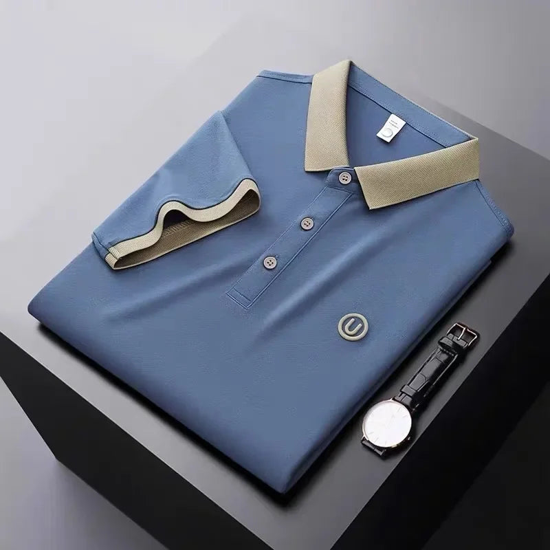 Ice silk short-sleeved T-shirt for men, new summer high-end embroidered luxurious silky quick-dry breathable polo shirt.