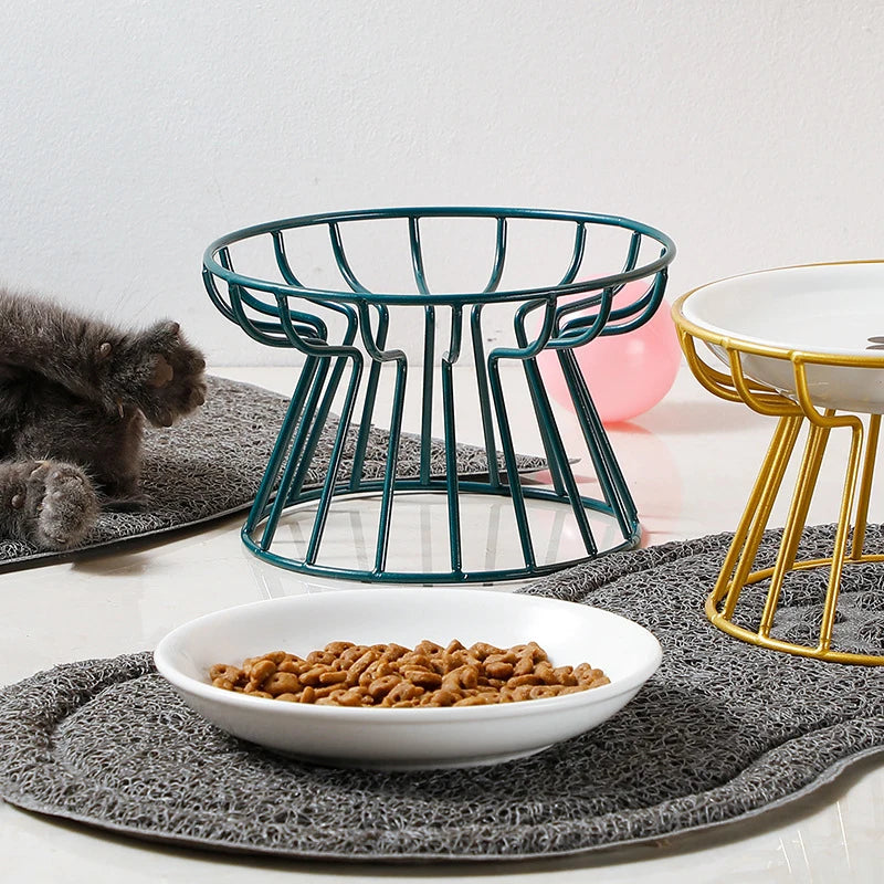 2024 New Pet Ceramic Bowl Iron Rack Cat Food Snacks Canned Plate Anti-Black Chin Anti-Turning Water Does Not Leak Easy To Eat