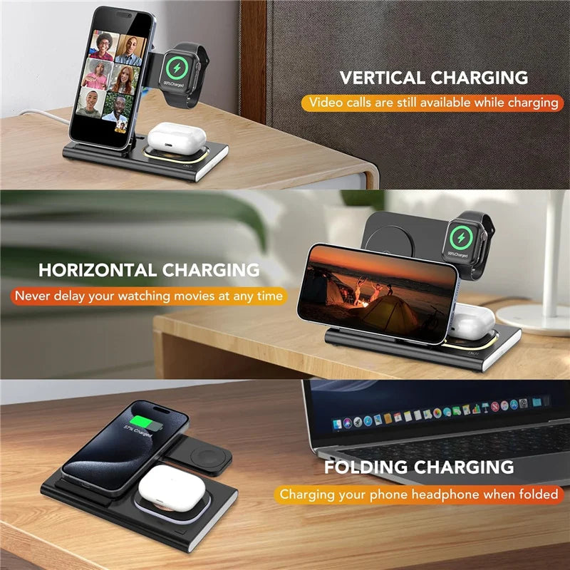 300W Foldable 3 In 1 Wireless Charger Stand Pad Desktop Fast Charging Station For iPhone 16 15 14 13 Samsung Apple Watch Airpods