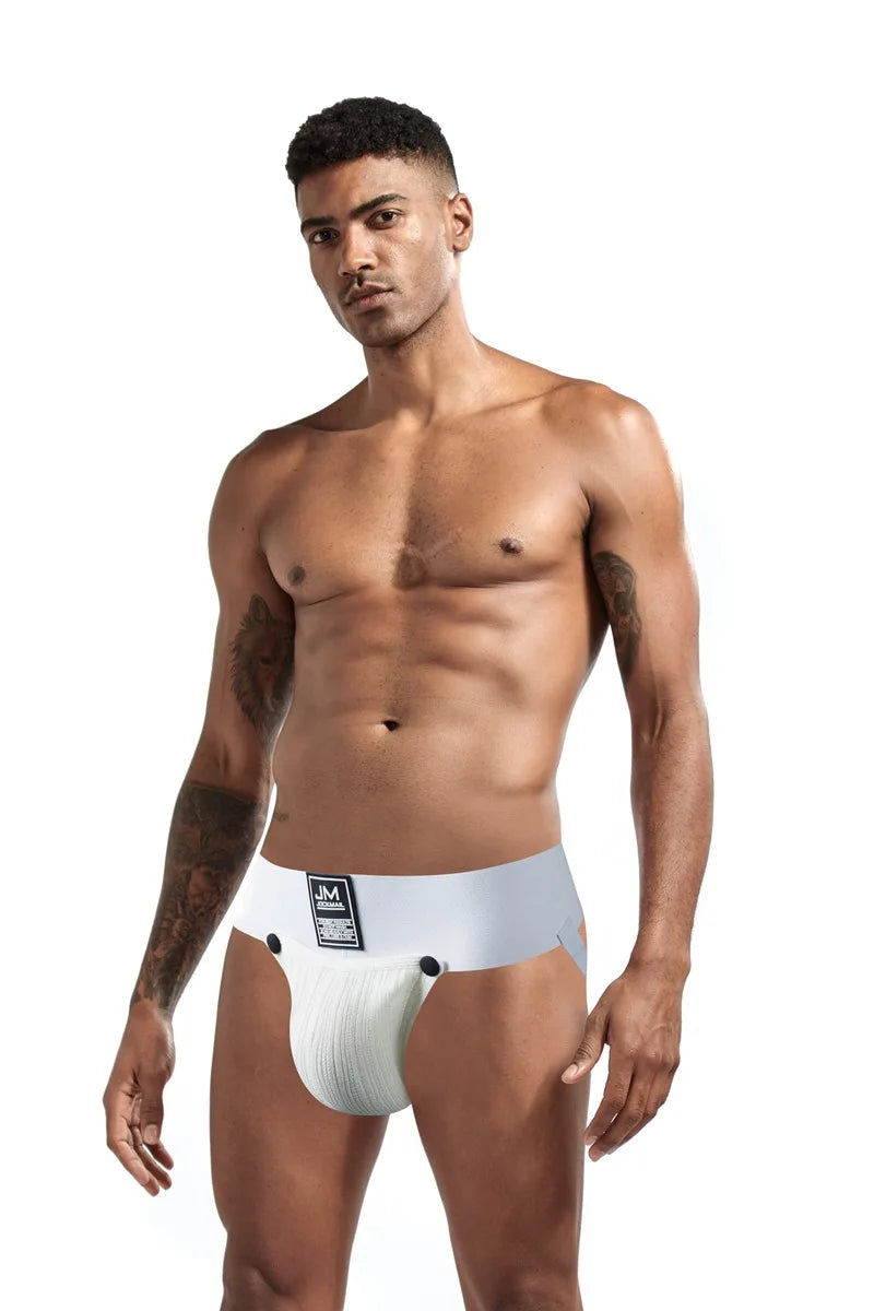 Open Front Men Jockstrap Briefs Athletic Supporter,3" Waistband Detachable Pouch Breathable Workout Sport Underwear Gay Thongs