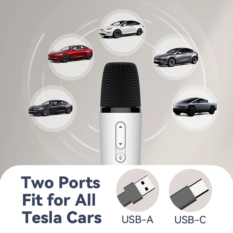 T1-Car Karaoke Microphone for Tesla Model Y/3/X/Cybertruck, Rechargeable Caraoke Mic with USB-A & USB-C Receiver, Plug to Use