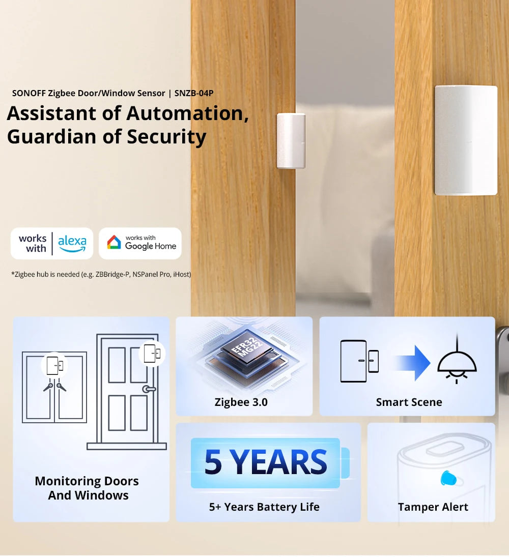 SONOFF SNZB-04P Zigbee Door Window Sensor Home Security Alarm Sensor Local Smart Scene Works with Smartthings Alexa Google Home