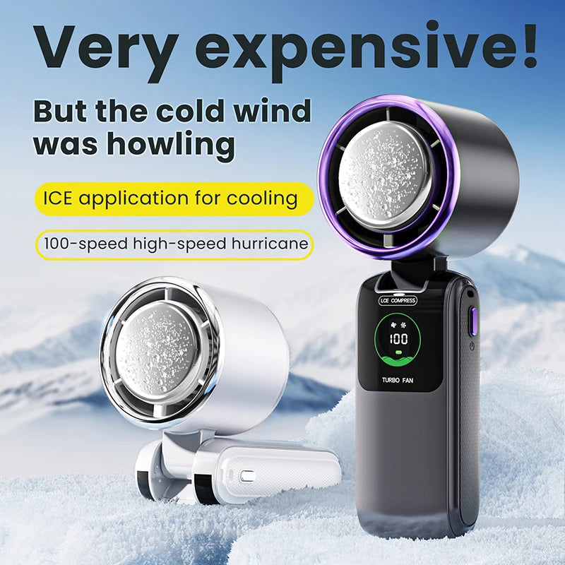 2025 New Ice Pack High-Speed Handheld Eletirc Fan 100 Speed Adjustable Folding Mini Fan Portable Outdoor Hanging Neck Small Fan