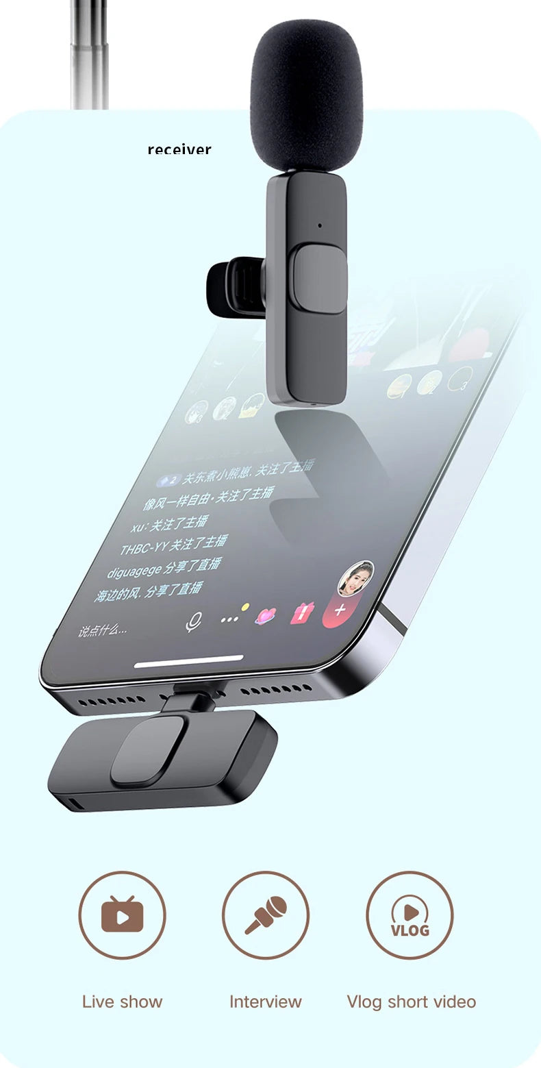 New Wireless Lavalier Microphone 2in1 Portable Audio Video Recording Mini Mic for iPhone Android Live Broadcast Gaming Phone Mic
