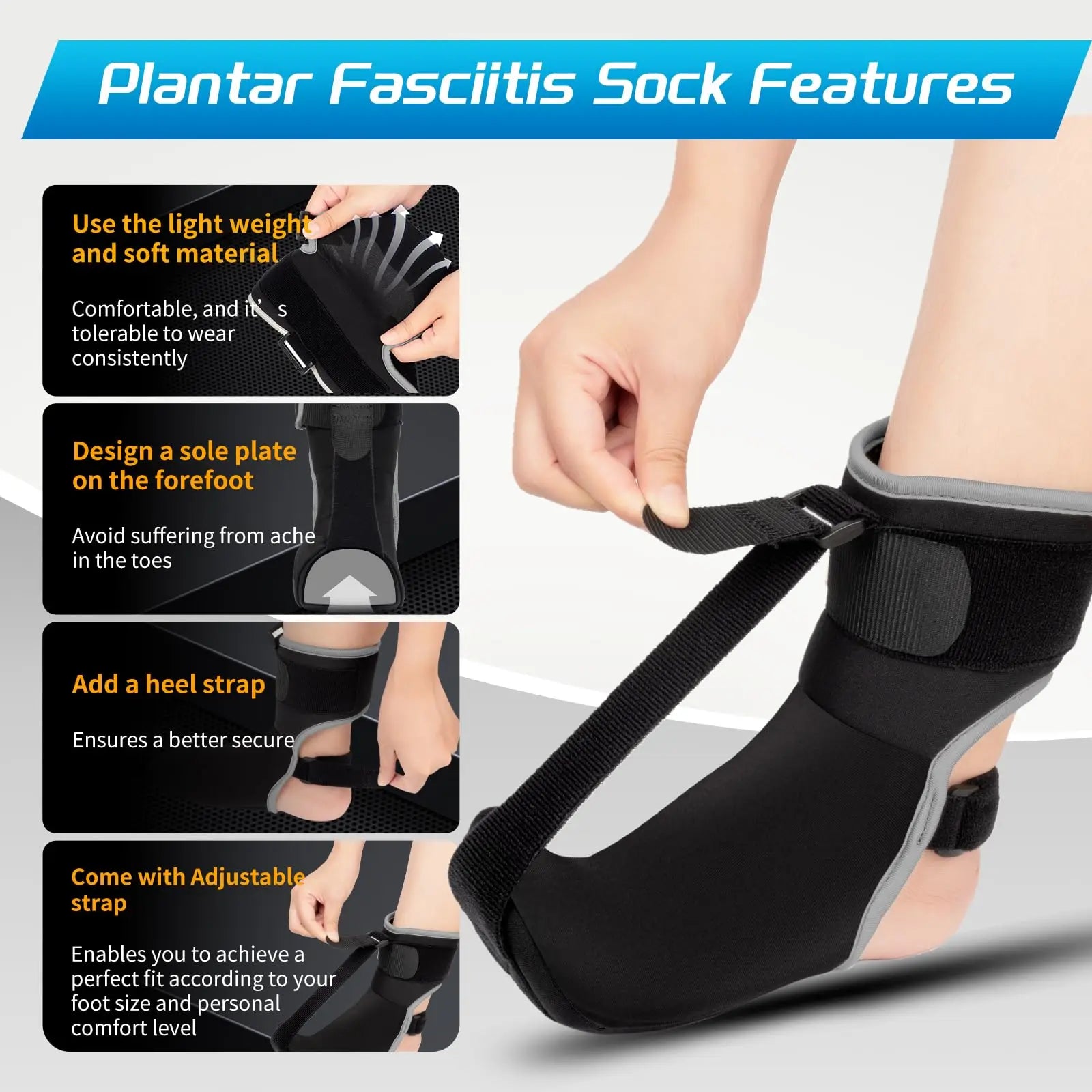 Plantar Fasciitis Night Splint Sock with Massage Ball for Plantar Fasciitis Relief, Soft & Comfortable Plantar Fasciitis Brace