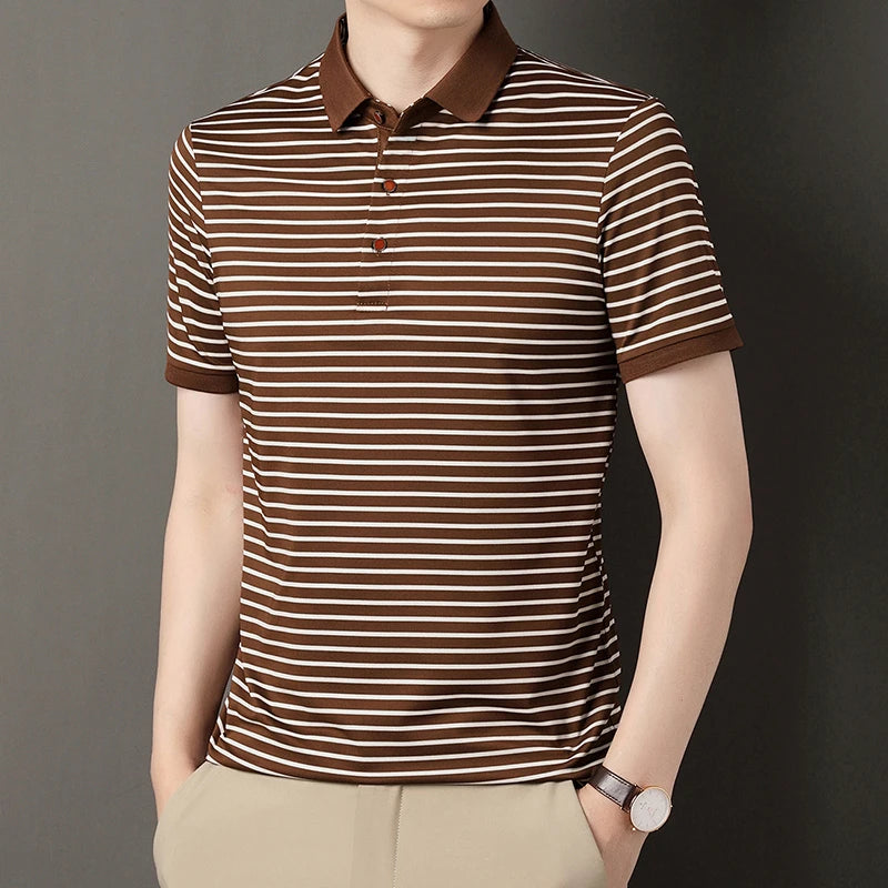 2026 Men's New Striped Cotton Business Casual Short Sleeved POLO Shirt Fashion Short Sleeved Comfortable and Breathable Top