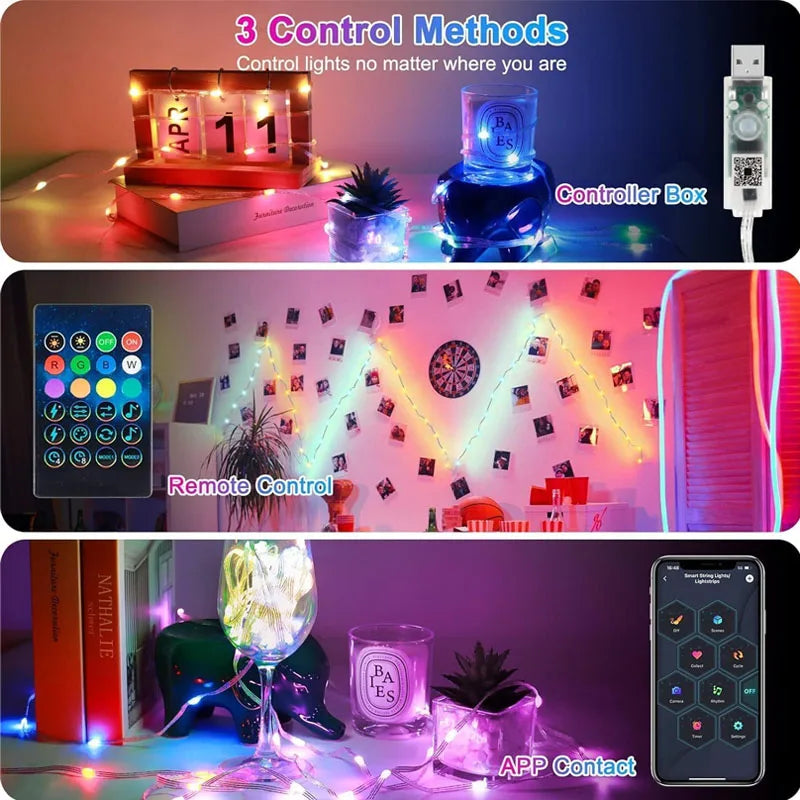Smart LED Fairy Lights RGB Wire String Lights App Remote Control USB Powered Music Sync for Weddings Outdoor Parties Home Decor