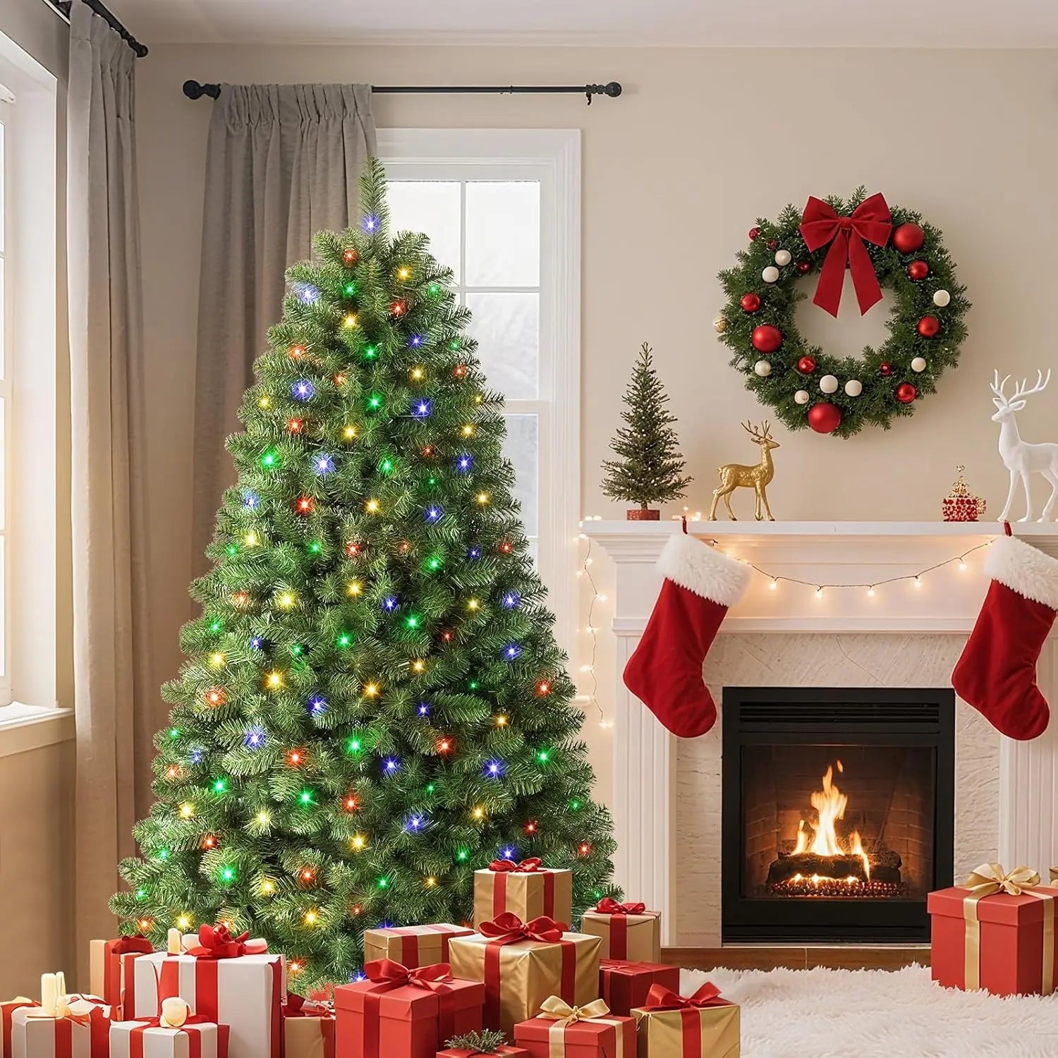 7ft Prelit Premium Artificial Classic Spruce Christmas Tree, 300 Warm White & Color LED Lights, 1020 Branch Tips