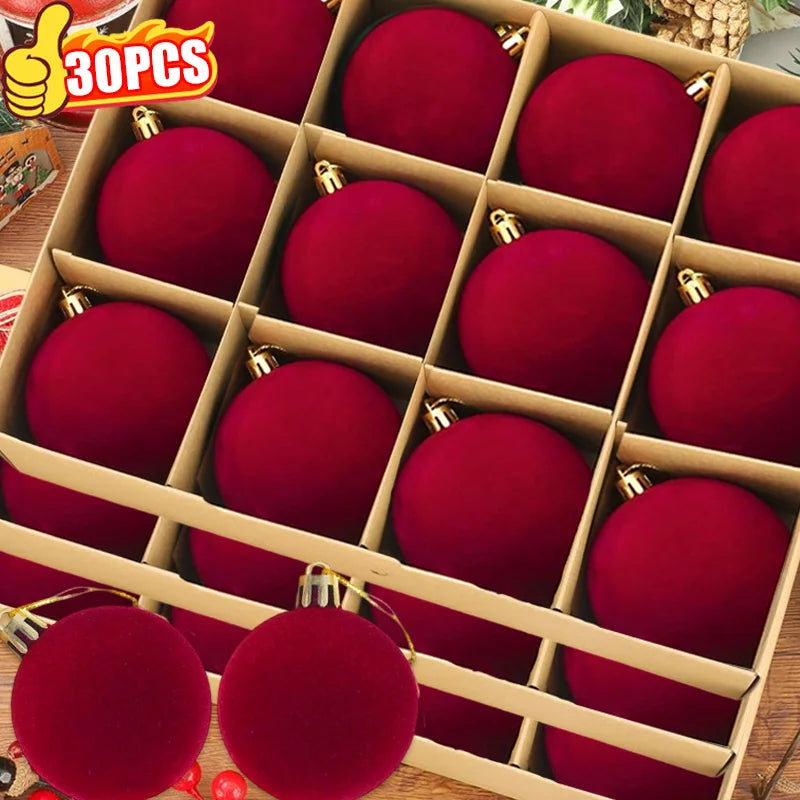 6-30pcs Red Flocked Balls Christmas Ornaments Xmas Tree Hanging Pendents Velvet Ball Wedding Holiday Party Home Decoration