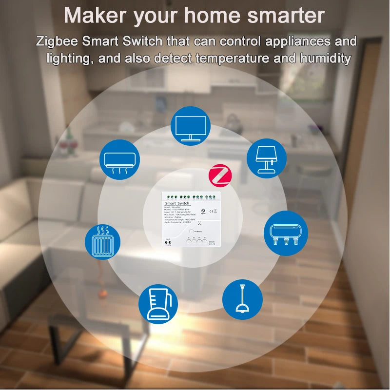 Tuya Smart TH10 Zigbee 4 Channel Switch with Temperature and Humidity Sensor Passive Dry Contact Zigbee Relay Work with Alexa