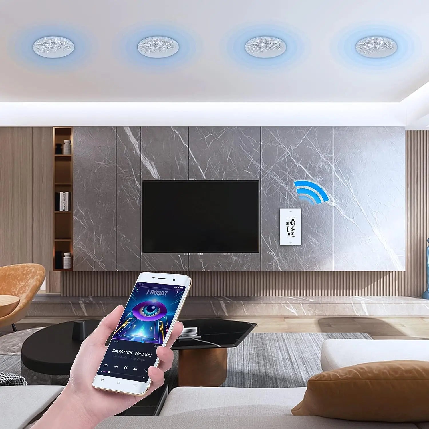 Herdio 6.5'' 4PCS Bluetooth In Ceiling Speakers 600W 2-Way Flush Mount Speakers System With Wall Amplifier Receiver For Bathroom