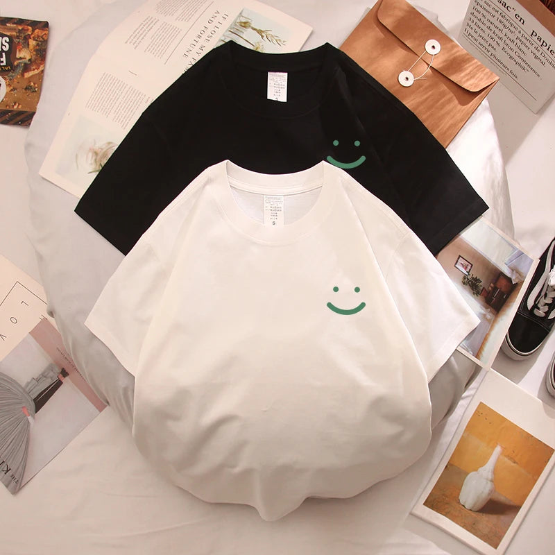 Smiling Face t-shirt For Men Summer White Trendy Brand Loose Printed Pure Cotton Short Sleeved Couple Outfit With Half Sleeves