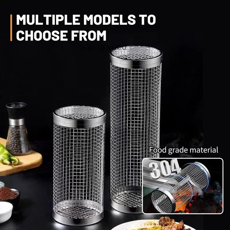 BBQ Basket Stainless Steel Rolling Grilling Basket Wire Mesh Cylinder Grill Basket Portable Round Outdoor Camping Barbecue Rack - You Offer