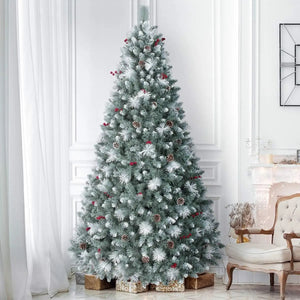 9ft Flocked Christmas Tree Prelit 750 Warm Lights Pinecones Berries Artificial Holiday Decor