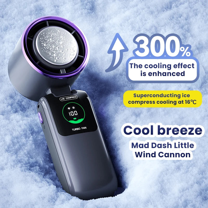 2025 New Ice Pack High-Speed Handheld Eletirc Fan 100 Speed Adjustable Folding Mini Fan Portable Outdoor Hanging Neck Small Fan