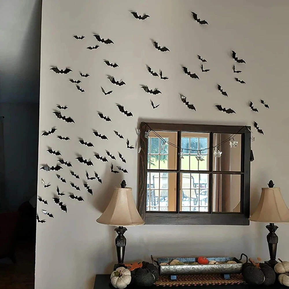 120 Pcs Halloween Bat Decorations Indoor PVC 3D Scary Bats Wall Decor Stickers 4 Sizes DIY Halloween Decals for Party Supplies