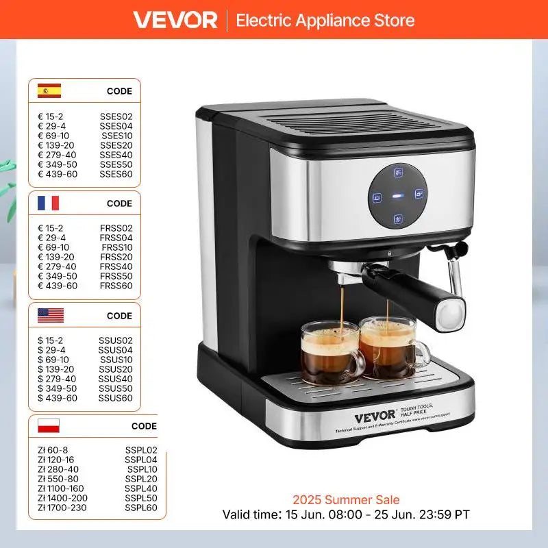 VEVOR Espresso Machine 15 Bar Coffee and Espresso Maker with Milk Frother Steam Wand Professional Semi-Automatic Latte Machine - You Offer