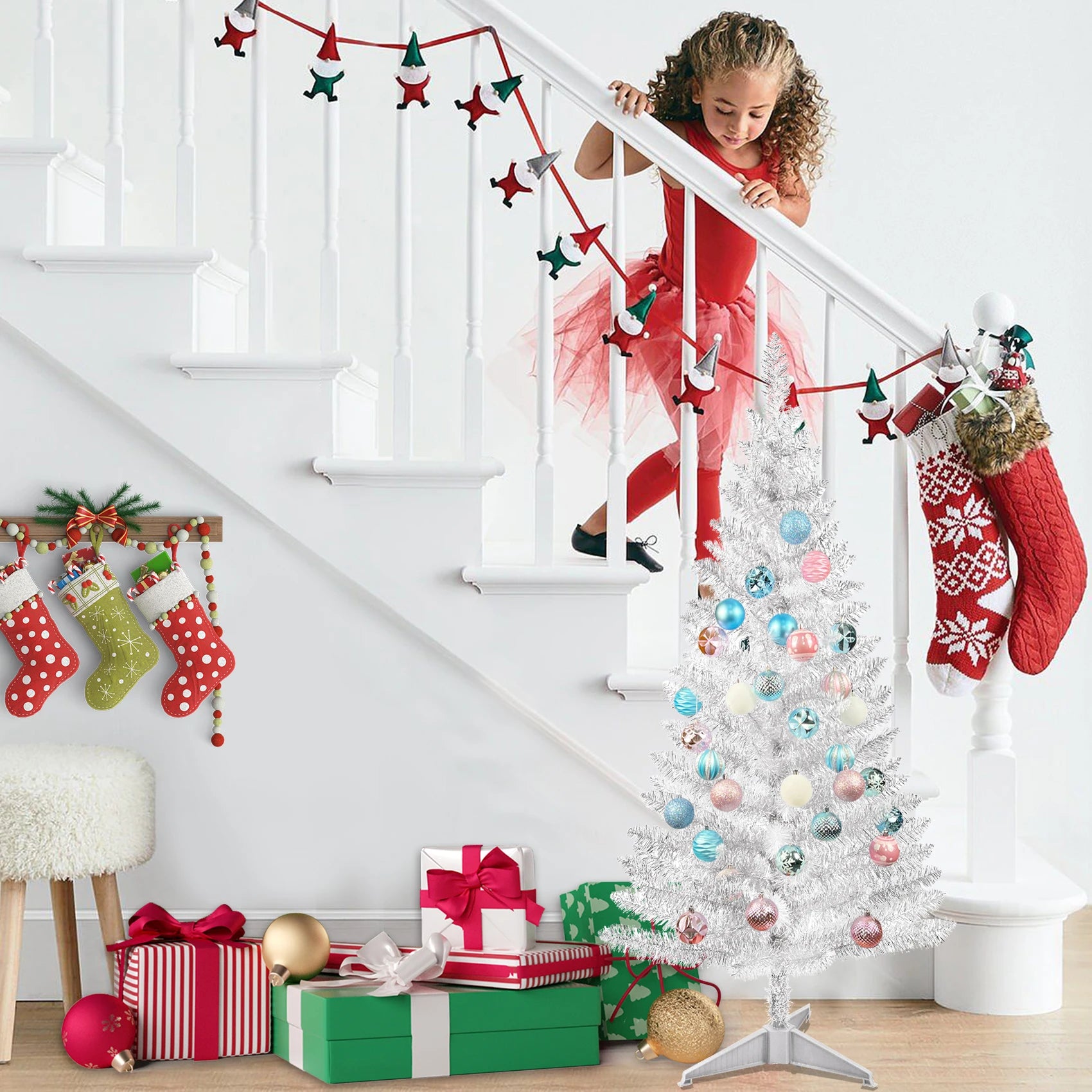 Lixhey 4FT Classic Silver Tinsel Christmas Tree Easy Assemble with Stable Stand, for Holiday Home Setup