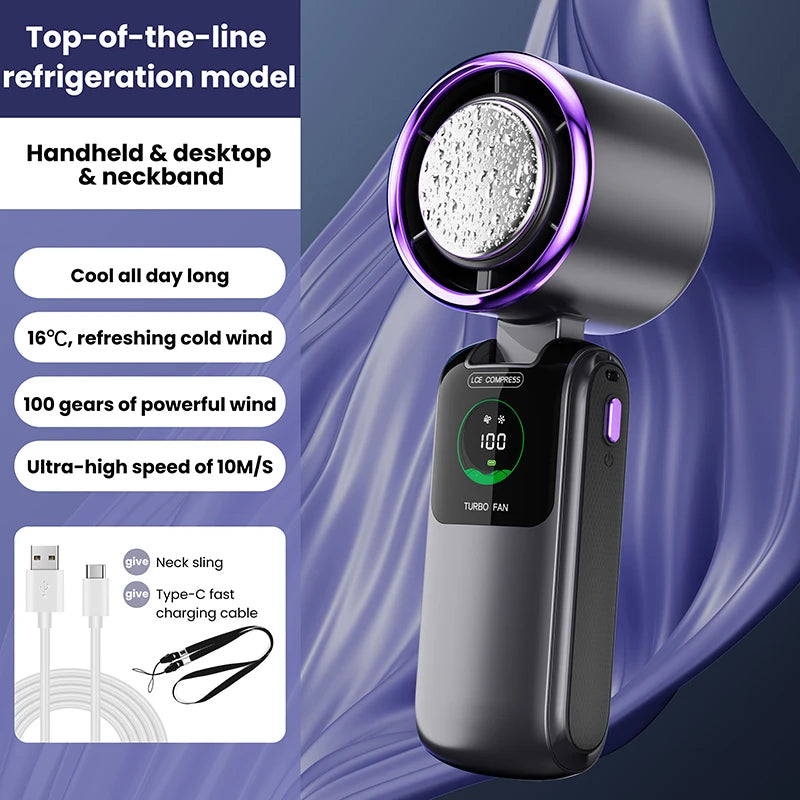 2025 New Ice Pack High-Speed Handheld Eletirc Fan 100 Speed Adjustable Folding Mini Fan Portable Outdoor Hanging Neck Small Fan
