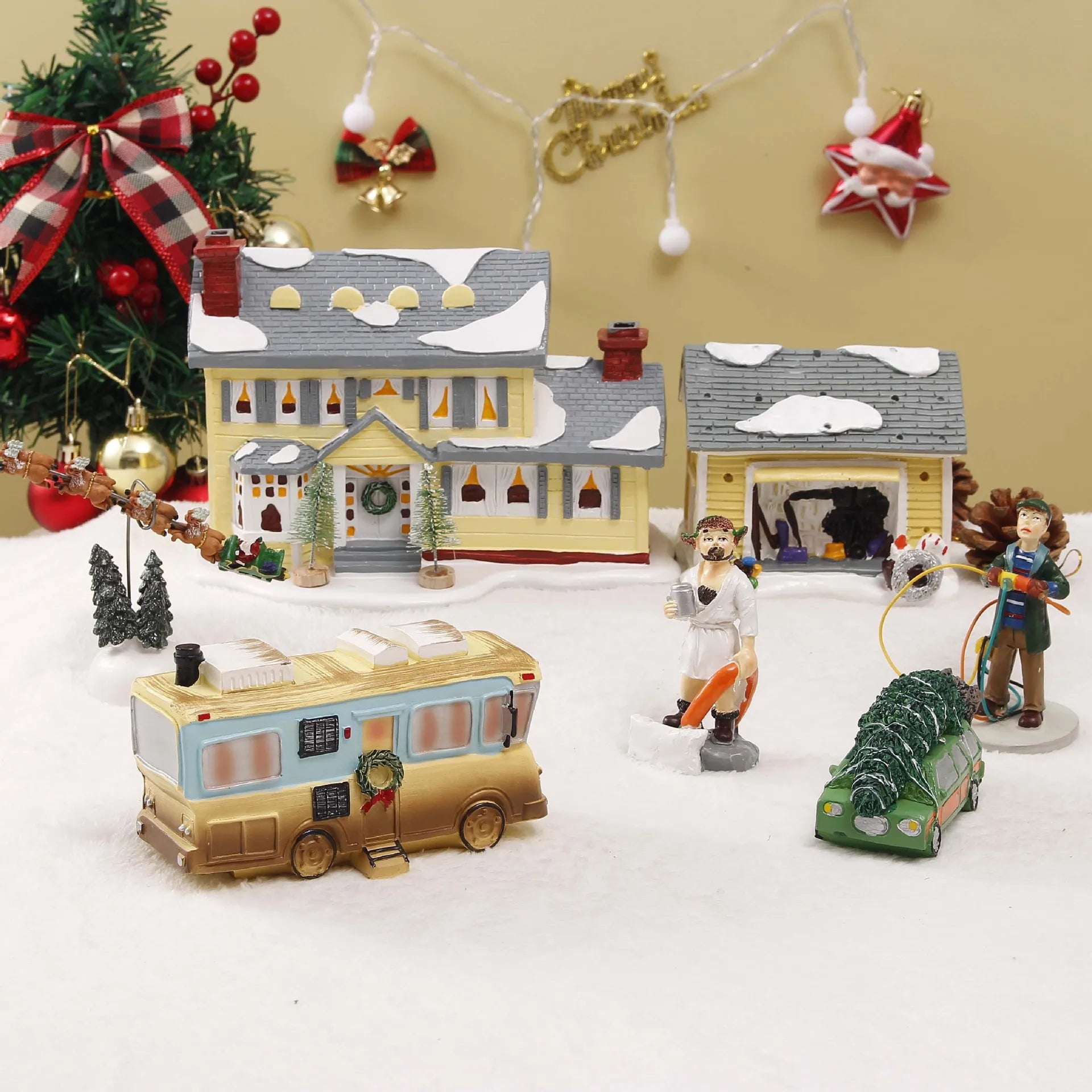 Brightly Lit Building Christmas Santa Claus Car House Village Holiday Garage Decoration Griswold Villa Home Desktop Figurines