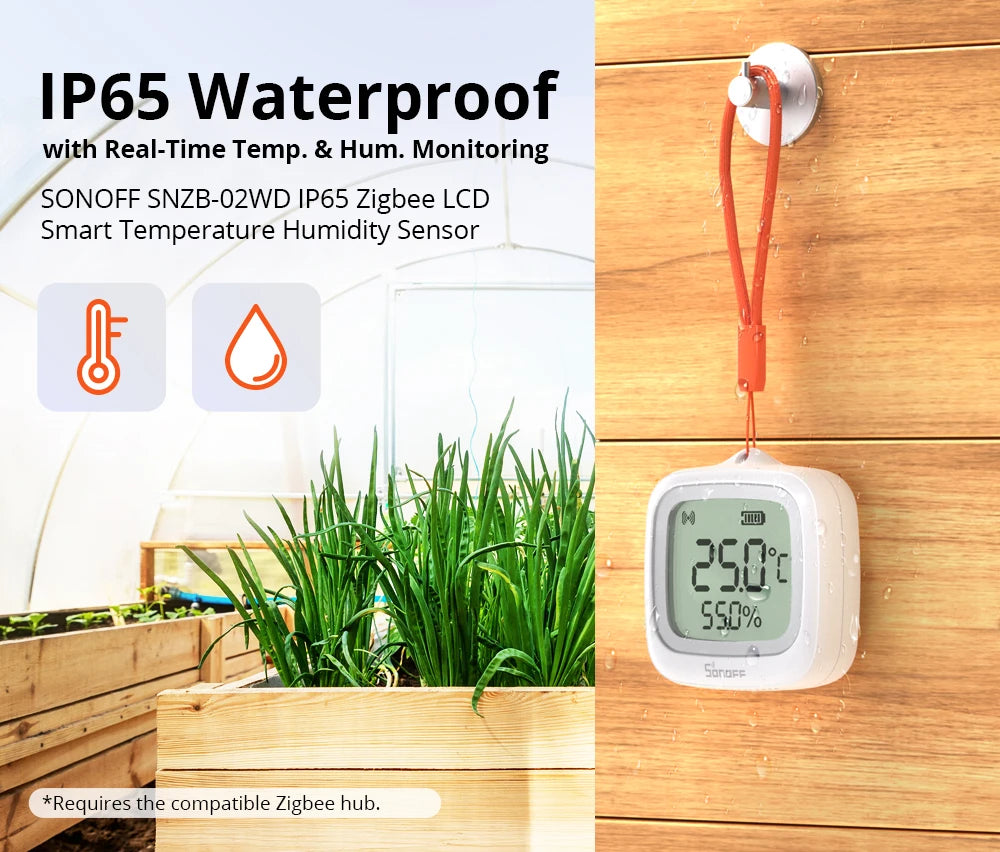 SONOFF SNZB-02WD Zigbee LCD Smart Temperature Humidity Sensor IP65 Waterproof for Bathroom Greenhouse Outside via ZBBridge-P